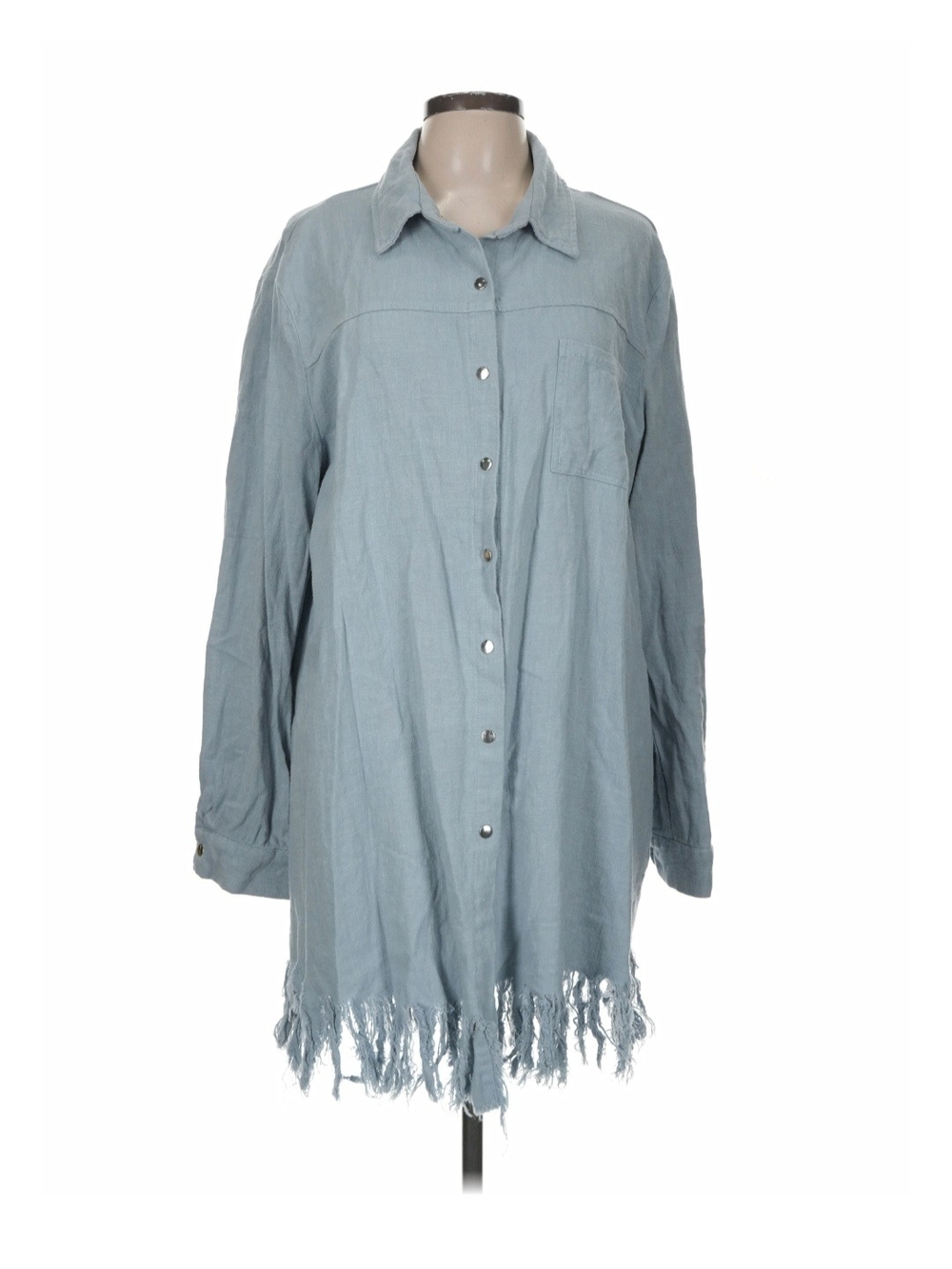 Light Blue Women's Button-Front Swim Cover-Up with Fringe